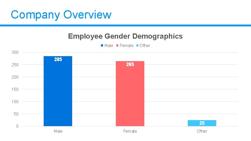 Company Overview Employee Gender Demographics Male Female Other 300 285 265 250 200 150 Company Overview Employee Gender Demographics Male Female Other 300 285 265 250 200 150