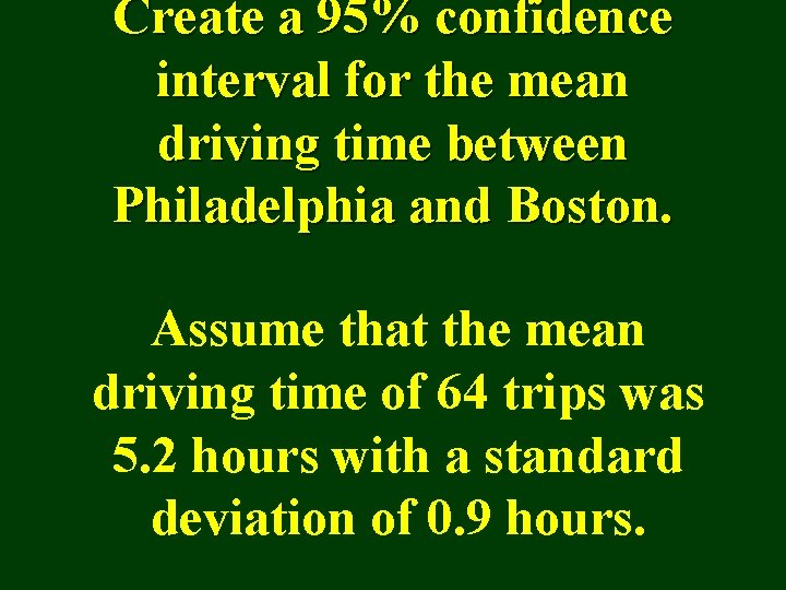 Create a 95% confidence interval for the mean driving time between Philadelphia and Boston.