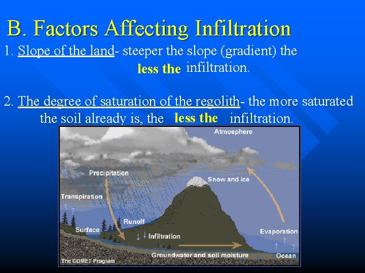 B. Factors Affecting Infiltration 1. Slope of the land- steeper the slope (gradient) the