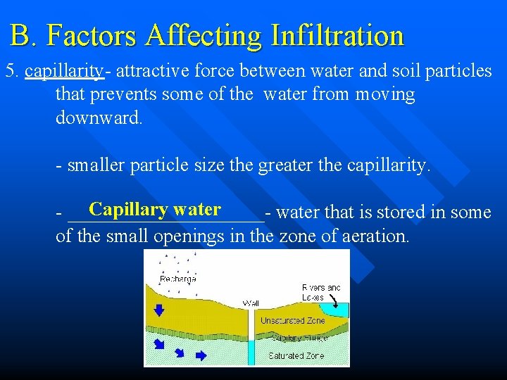 B. Factors Affecting Infiltration 5. capillarity- attractive force between water and soil particles that