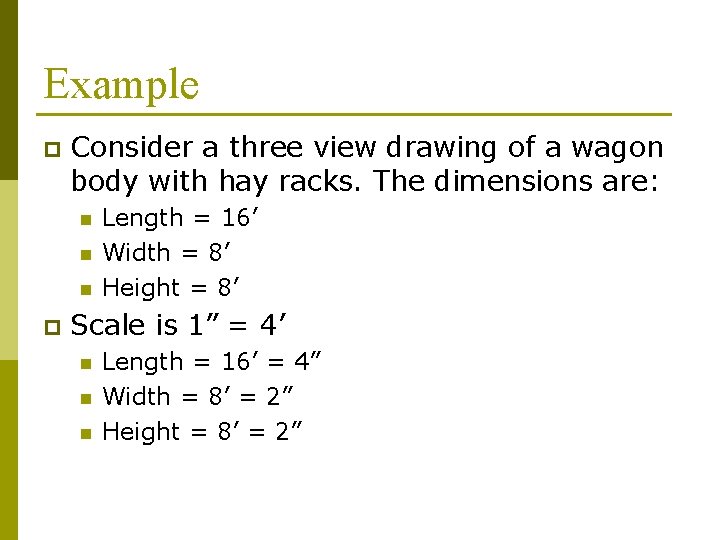 Example p Consider a three view drawing of a wagon body with hay racks.