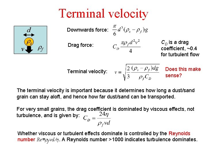 Terminal velocity d v rs Downwards force: rf Drag force: Terminal velocity: CD is Terminal velocity d v rs Downwards force: rf Drag force: Terminal velocity: CD is