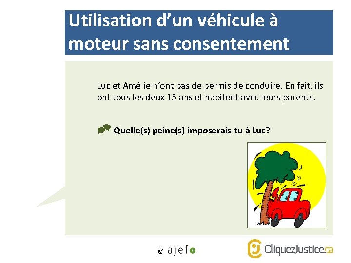 Utilisation d’un véhicule à moteur sans consentement Luc et Amélie n’ont pas de permis