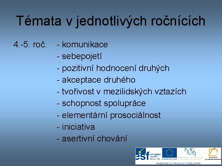 Témata v jednotlivých ročnících 4. -5. roč. - komunikace - sebepojetí - pozitivní hodnocení