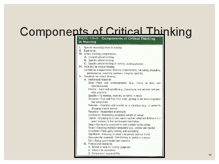 Components of Critical Thinking Copyright © 2017, Elsevier Inc. All Rights Reserved. 15 