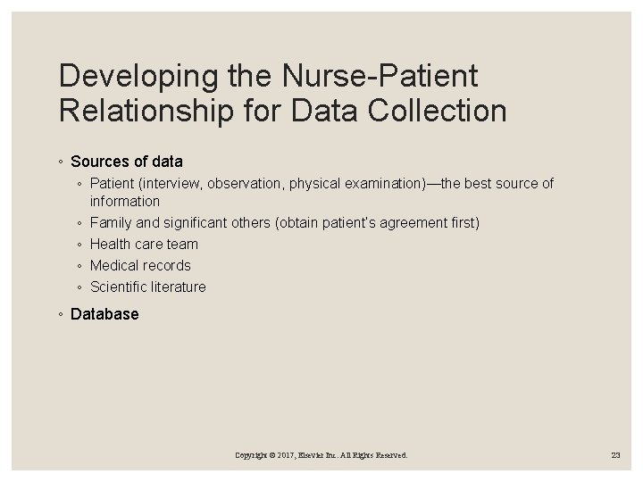 Developing the Nurse-Patient Relationship for Data Collection ◦ Sources of data ◦ Patient (interview,