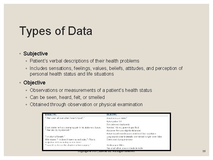 Types of Data ◦ Subjective ◦ Patient’s verbal descriptions of their health problems ◦