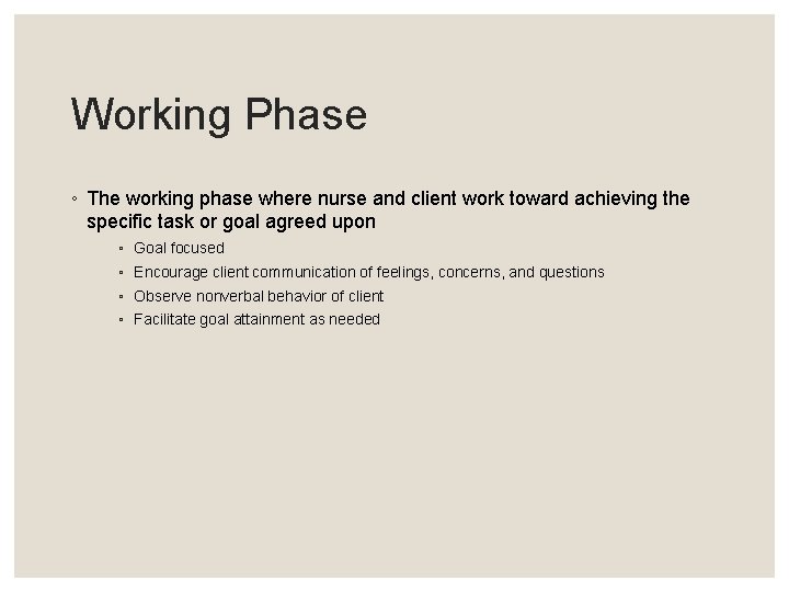Working Phase ◦ The working phase where nurse and client work toward achieving the