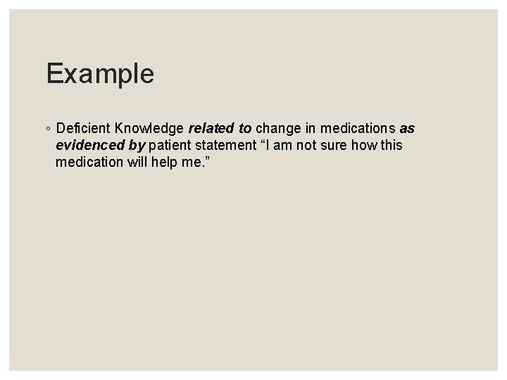 Example ◦ Deficient Knowledge related to change in medications as evidenced by patient statement