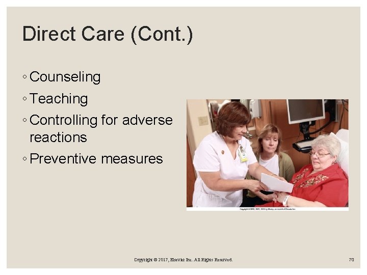 Direct Care (Cont. ) ◦ Counseling ◦ Teaching ◦ Controlling for adverse reactions ◦