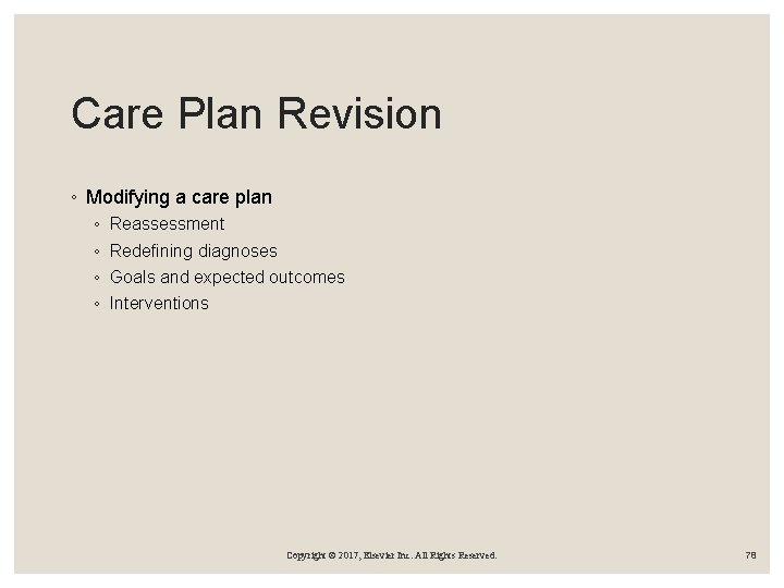 Care Plan Revision ◦ Modifying a care plan ◦ ◦ Reassessment Redefining diagnoses Goals