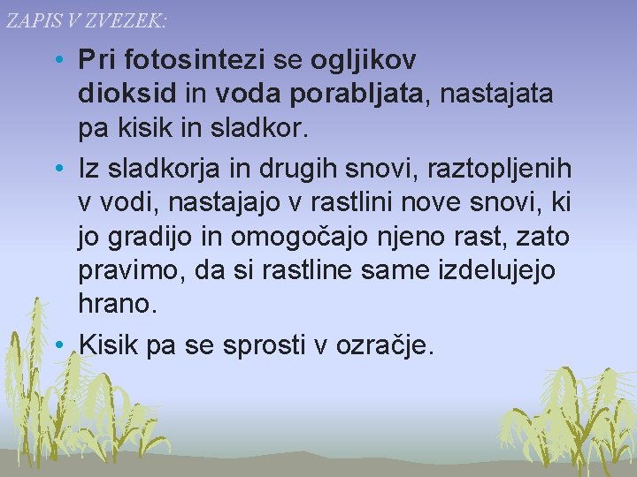 ZAPIS V ZVEZEK: • Pri fotosintezi se ogljikov dioksid in voda porabljata, nastajata pa