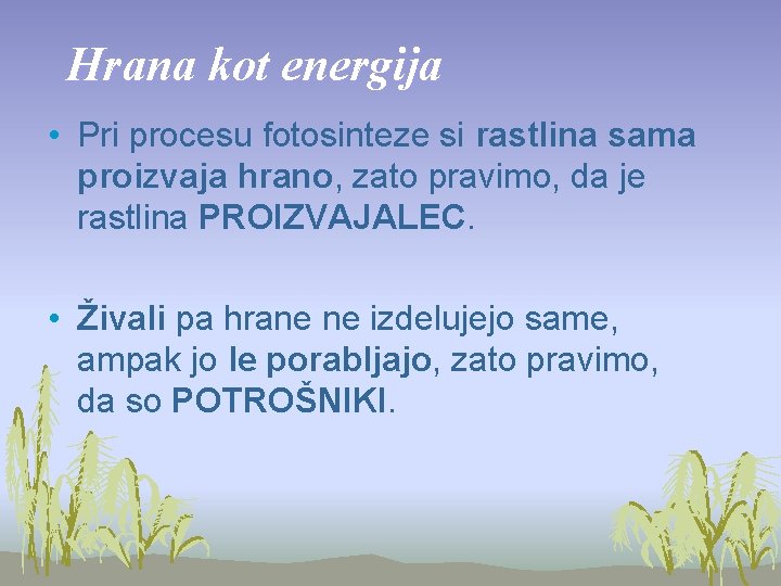 Hrana kot energija • Pri procesu fotosinteze si rastlina sama proizvaja hrano, zato pravimo,