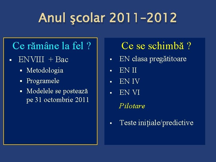 Anul şcolar 2011– 2012 Ce rămâne la fel ? § Ce se schimbă ?