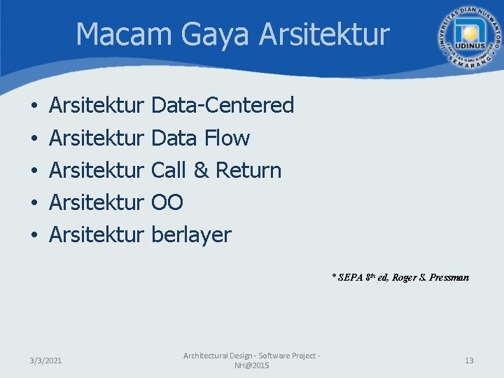 Macam Gaya Arsitektur • • • Arsitektur Arsitektur Data-Centered Data Flow Call & Return Macam Gaya Arsitektur • • • Arsitektur Arsitektur Data-Centered Data Flow Call & Return