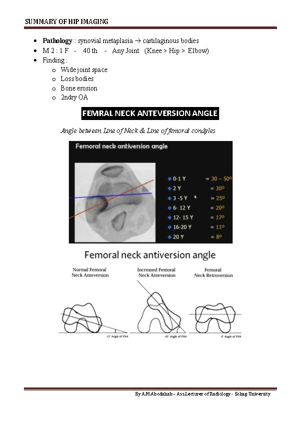 SUMMARY OF HIP IMAGING Pathology : synovial metaplasia cartilaginous bodies M 2 : 1