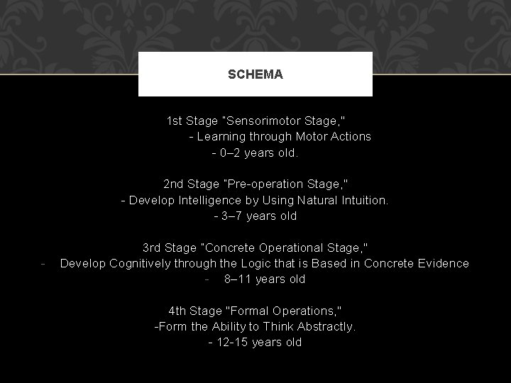 SCHEMA 1 st Stage “Sensorimotor Stage, " - Learning through Motor Actions - 0– SCHEMA 1 st Stage “Sensorimotor Stage, " - Learning through Motor Actions - 0–
