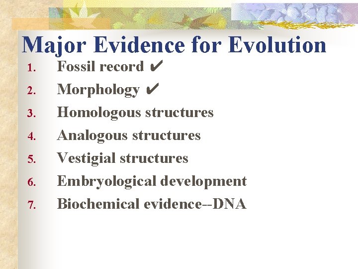 Major Evidence for Evolution 1. 2. 3. 4. 5. 6. 7. Fossil record ✔