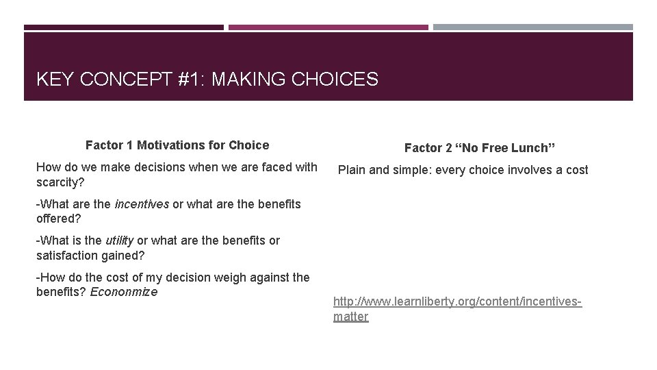 KEY CONCEPT #1: MAKING CHOICES Factor 1 Motivations for Choice How do we make