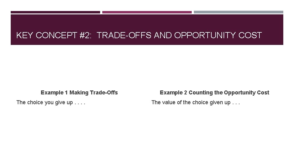 KEY CONCEPT #2: TRADE-OFFS AND OPPORTUNITY COST Example 1 Making Trade-Offs The choice you