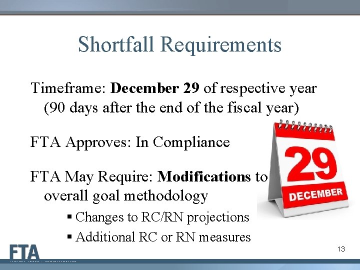 Shortfall Requirements Timeframe: December 29 of respective year (90 days after the end of