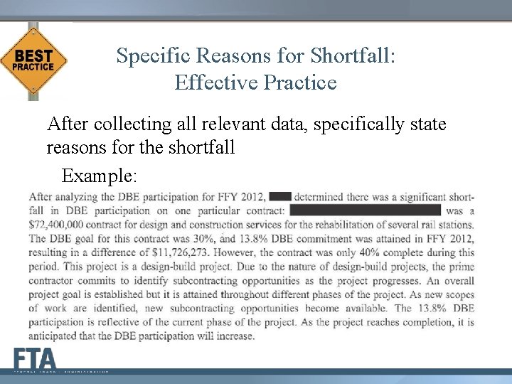 Specific Reasons for Shortfall: Effective Practice After collecting all relevant data, specifically state reasons