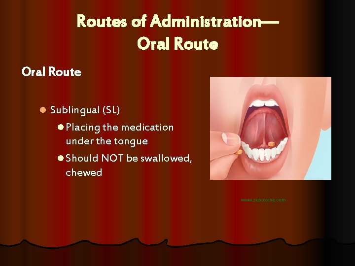 Routes of Administration— Oral Route l Sublingual (SL) l Placing the medication under the Routes of Administration— Oral Route l Sublingual (SL) l Placing the medication under the