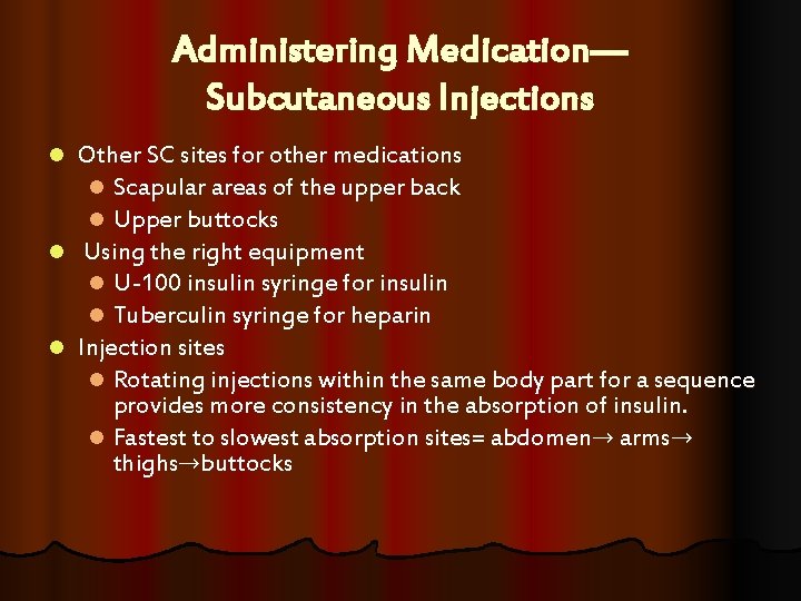 Administering Medication— Subcutaneous Injections Other SC sites for other medications l Scapular areas of Administering Medication— Subcutaneous Injections Other SC sites for other medications l Scapular areas of