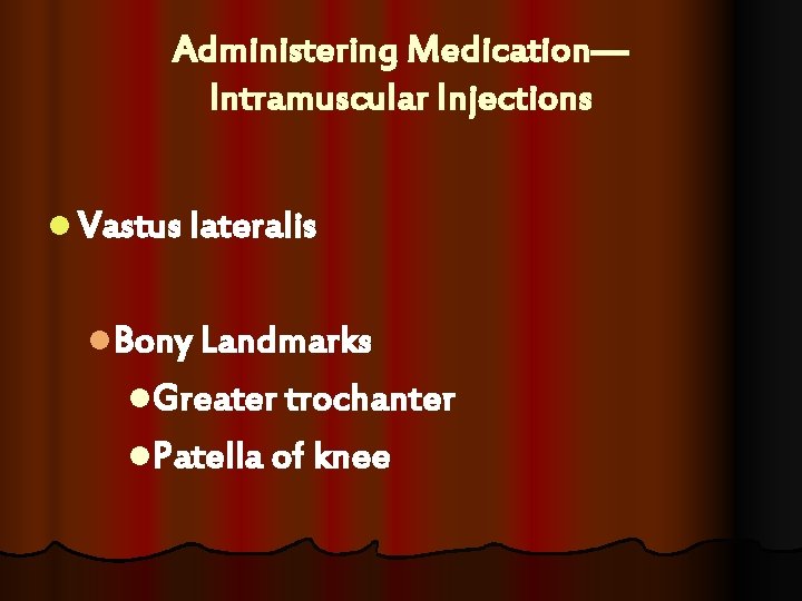 Administering Medication— Intramuscular Injections l Vastus lateralis l. Bony Landmarks l. Greater trochanter l. Administering Medication— Intramuscular Injections l Vastus lateralis l. Bony Landmarks l. Greater trochanter l.