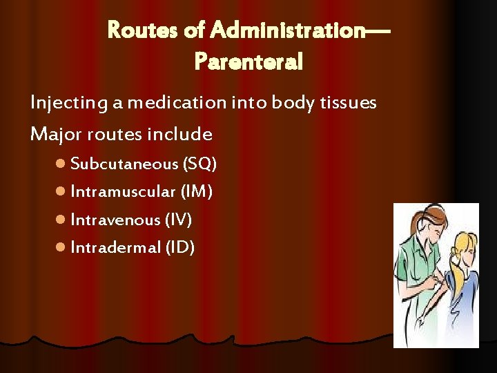 Routes of Administration— Parenteral Injecting a medication into body tissues Major routes include l Routes of Administration— Parenteral Injecting a medication into body tissues Major routes include l