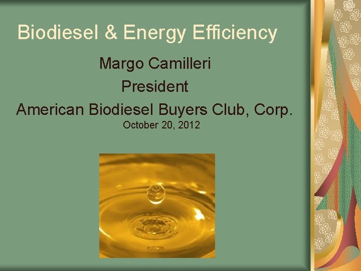 Biodiesel & Energy Efficiency Margo Camilleri President American Biodiesel Buyers Club, Corp. October 20,