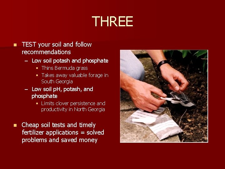 THREE n TEST your soil and follow recommendations – Low soil potash and phosphate
