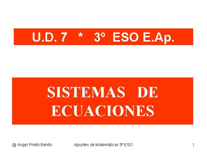 U. D. 7 * 3º ESO E. Ap. SISTEMAS DE ECUACIONES @ Angel Prieto U. D. 7 * 3º ESO E. Ap. SISTEMAS DE ECUACIONES @ Angel Prieto