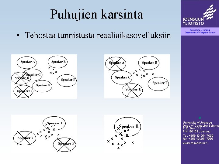 Puhujien karsinta • Tehostaa tunnistusta reaaliaikasovelluksiin University of Joensuu Dept. of Computer Science P.