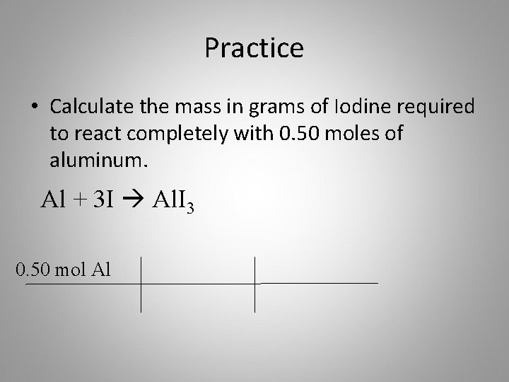 Practice • Calculate the mass in grams of Iodine required to react completely with