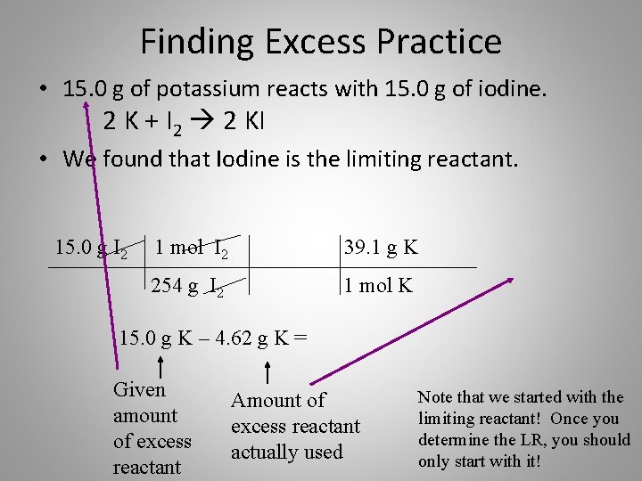Finding Excess Practice • 15. 0 g of potassium reacts with 15. 0 g