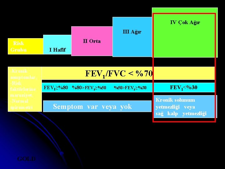 IV Çok Ağır III Ağır Risk Grubu -Kronik semptomlar, -Risk faktörlerine maruziyet. -Normal spirometri