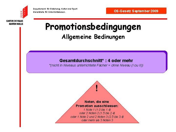 Departement für Erziehung, Kultur und Sport Dienststelle für Unterrichtswesen OS-Gesetz September 2009 Promotionsbedingungen Allgemeine