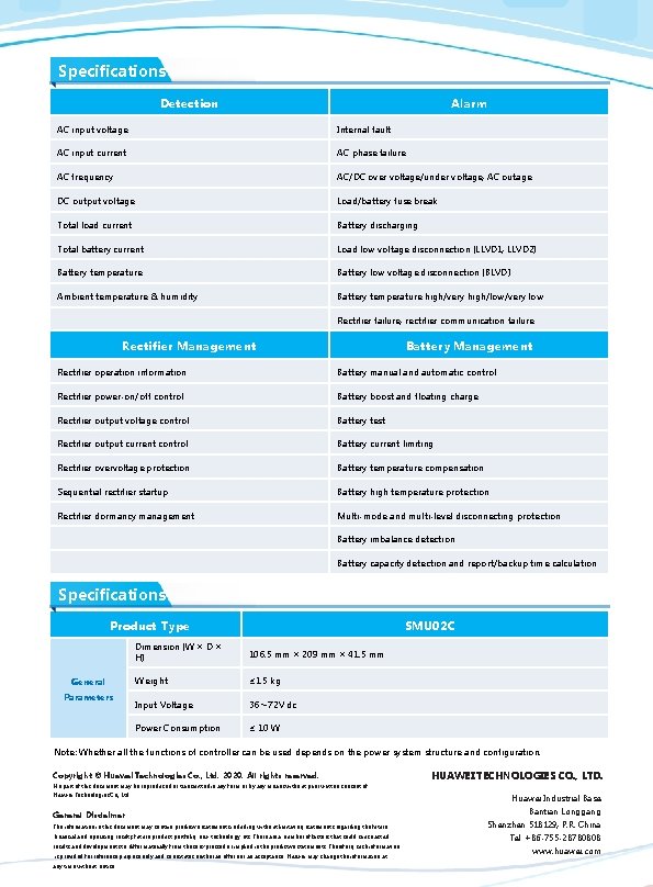 Specifications Detection Alarm AC input voltage Internal fault AC input current AC phase failure