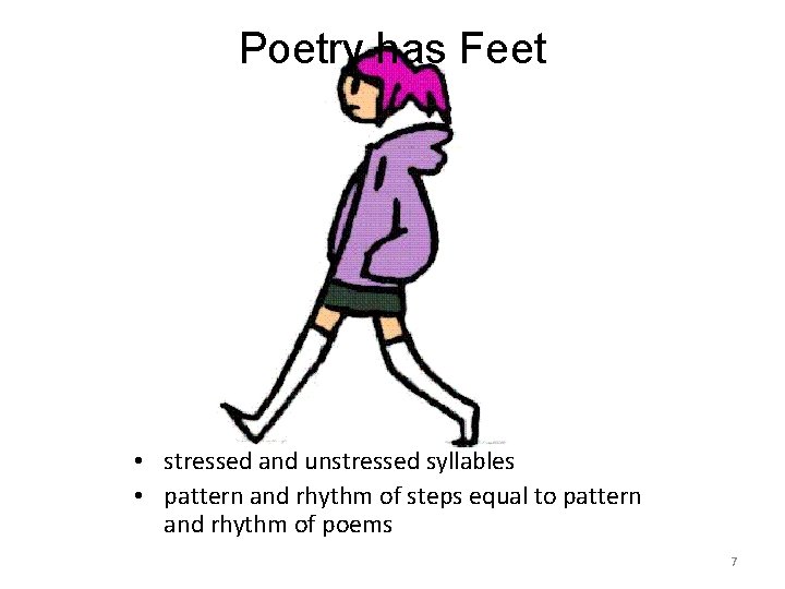 Poetry has Feet • stressed and unstressed syllables • pattern and rhythm of steps