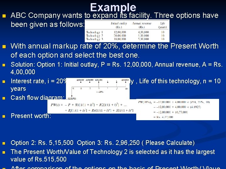 Example n ABC Company wants to expand its facility. Three options have been given