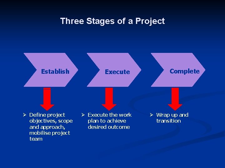 Three Stages of a Project Establish Ø Define project objectives, scope and approach, mobilise