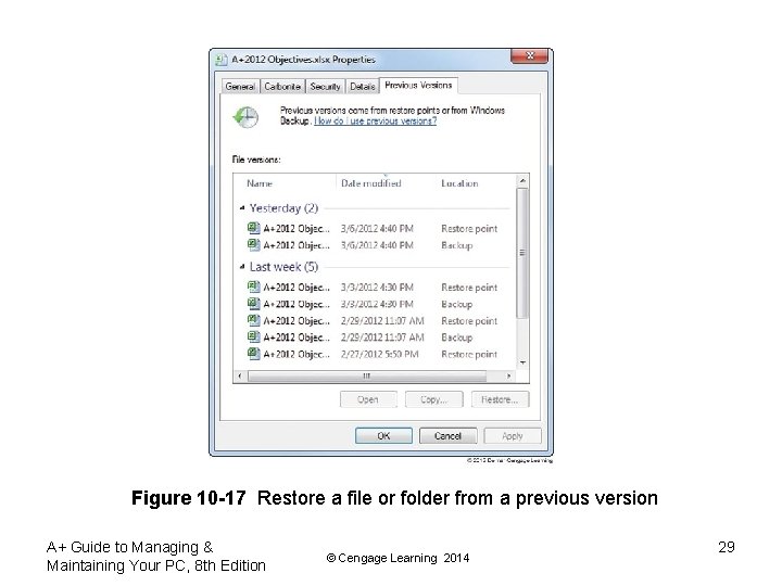 Figure 10 -17 Restore a file or folder from a previous version A+ Guide