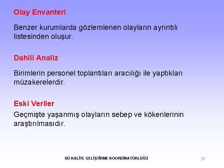 Olay Envanteri Benzer kurumlarda gözlemlenen olayların ayrıntılı listesinden oluşur. Dahili Analiz Birimlerin personel toplantıları