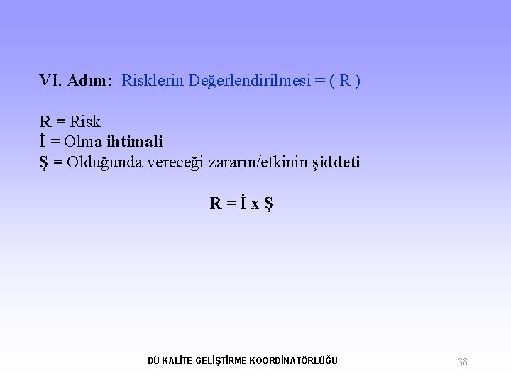 VI. Adım: Risklerin Değerlendirilmesi = ( R ) R = Risk İ = Olma