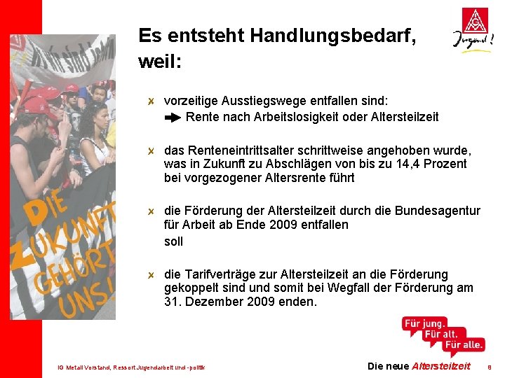 Es entsteht Handlungsbedarf, weil: vorzeitige Ausstiegswege entfallen sind: Rente nach Arbeitslosigkeit oder Altersteilzeit das