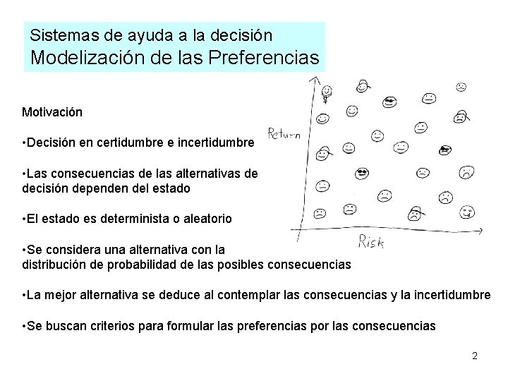 Sistemas de ayuda a la decisión Modelización de las Preferencias Motivación • Decisión en Sistemas de ayuda a la decisión Modelización de las Preferencias Motivación • Decisión en