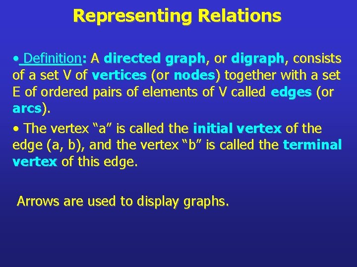 Representing Relations • Definition: A directed graph, or digraph, consists of a set V