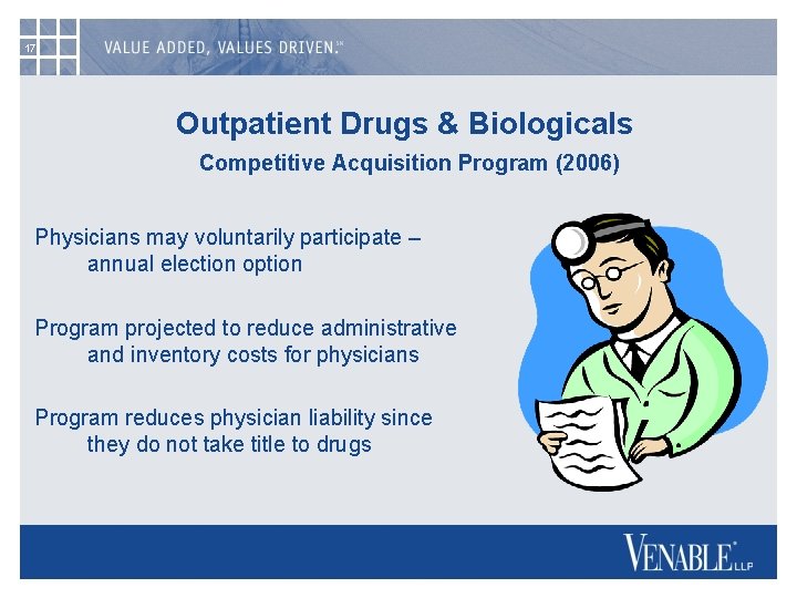 17 Outpatient Drugs & Biologicals Competitive Acquisition Program (2006) Physicians may voluntarily participate –