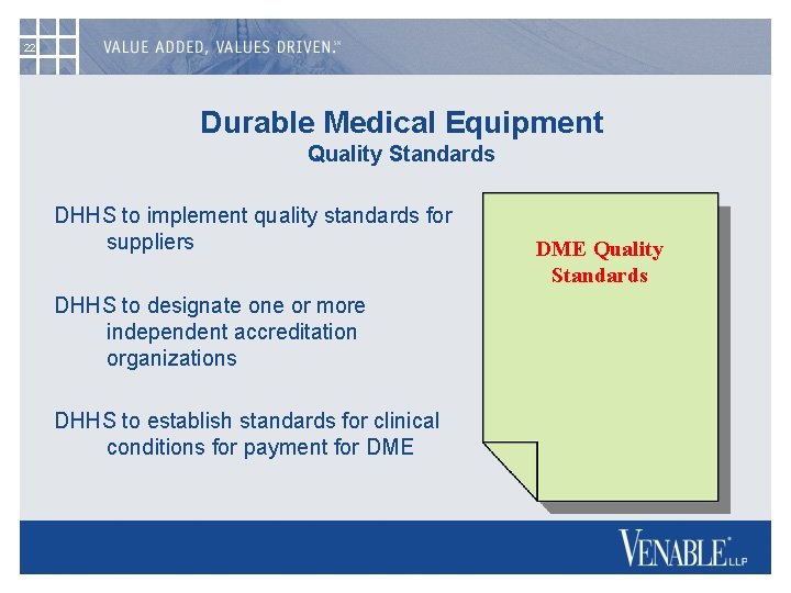 22 Durable Medical Equipment Quality Standards DHHS to implement quality standards for suppliers DHHS